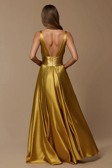 Satin métallisé doré col V profond Robe de vacances trapèze
